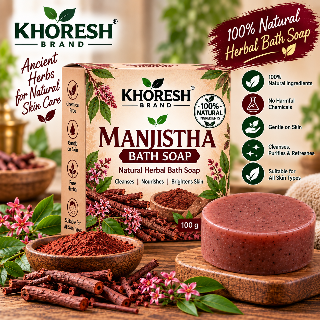 Home natural manjistha herbal soap display